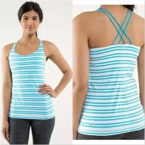 lululemon athletica Striped Aqua and White Crisscross Tank - Picture 1 of 5
